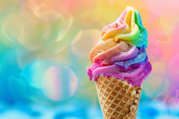 Ein Regenbogen-Eiskegel sitzt auf einem Tisch