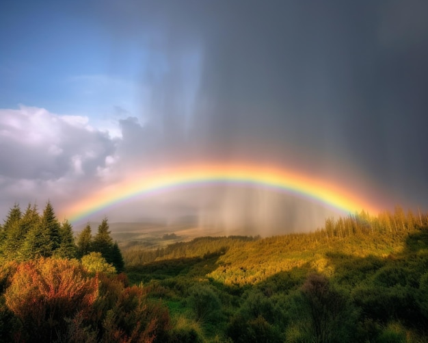 Ein Regenbogen liegt über einem Hügel und der Himmel ist dunkel und die Sonne scheint.