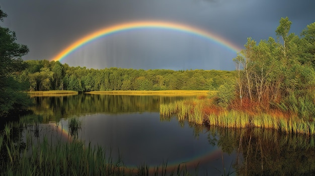 Ein Regenbogen über einem See mit Bäumen und Gras im Hintergrund.