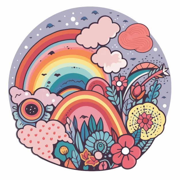 Ein Regenbogen und Blumen im Kreis
