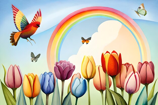 Ein Regenbogen und ein Vogel fliegen über Tulpen.