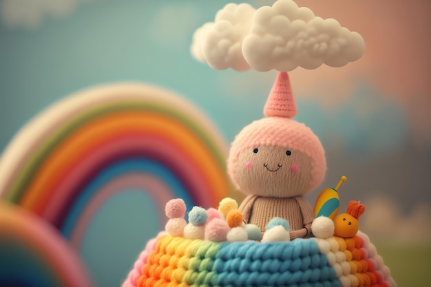 Ein Regenbogen und eine Puppe mit einem rosa Hut und einem rosa Kegel darauf