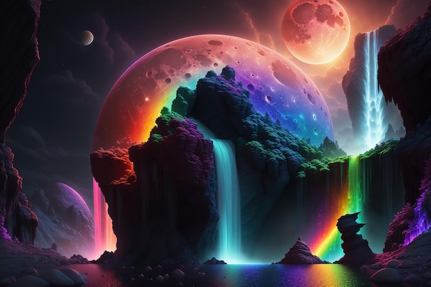 Ein Regenbogen-Wasserfall im Weltraum