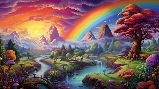 ein Regenbogen wird über einem Berg mit einem Regenbog im Hintergrund gesehen.