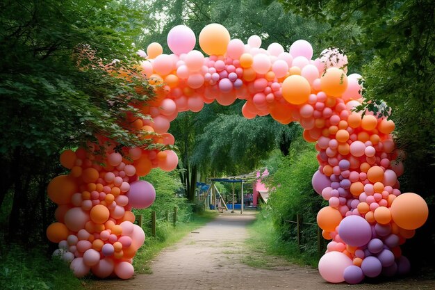 Ein Regenbogenbogen mit rosa und orangefarbenen Ballons