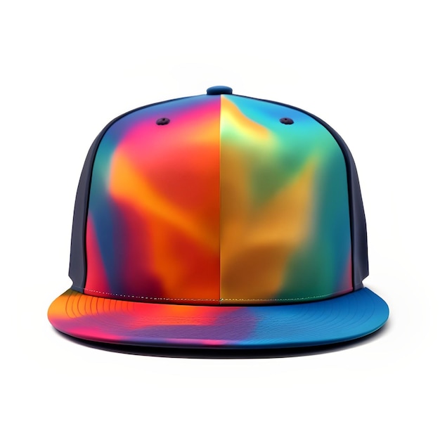 Ein regenbogenfarbener Hut mit einem schwarzen Band auf der Vorderseite.