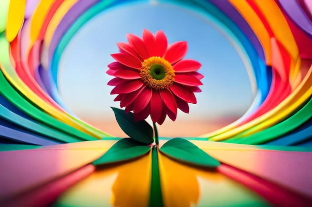 ein regenbogenfarbener Kreis mit einer roten Blume in der Mitte.