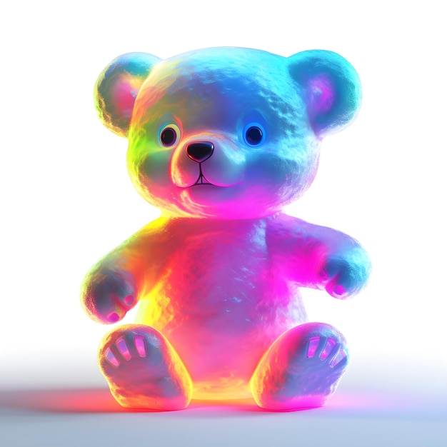 Ein regenbogenfarbener Teddybär sitzt in einem hellen Licht.