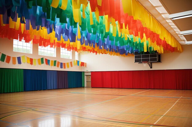 Foto ein regenbogenfarbenes banner hängt an einer decke in einer turnhalle