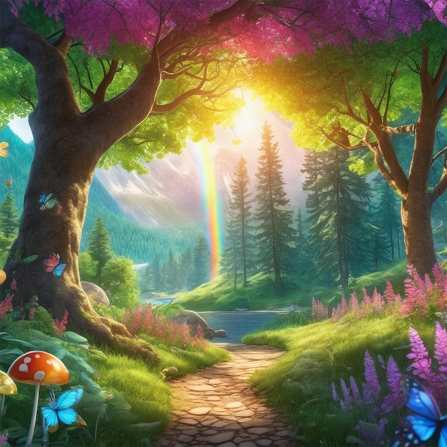 Ein regenbogenfarbenes Schatz-Märchen-Gemälde im Wald-Märchen-Zeichnungsstil-Wald