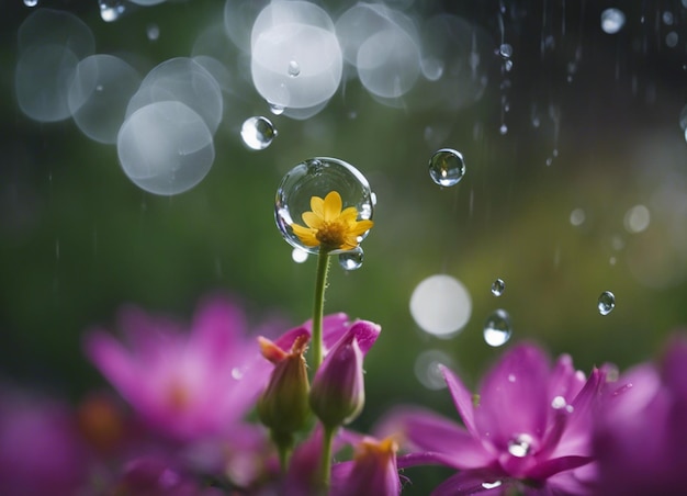 Foto ein regentropfen, der die blume ernährt schöne blumen mit wassertropfen