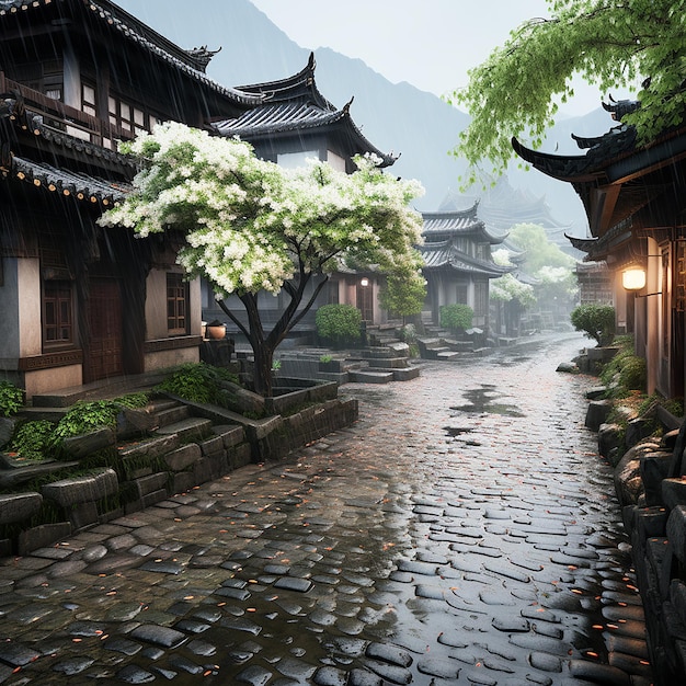 ein regnerischer Tag in einem chinesischen Garten mit einer Laterne und einem Baum im Hintergrund