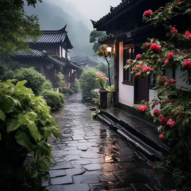 ein regnerischer Tag in einem chinesischen Garten mit einer Laterne und einem Baum im Hintergrund