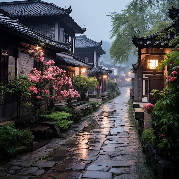 ein regnerischer Tag in einem chinesischen Garten mit einer Laterne und einem Baum im Hintergrund