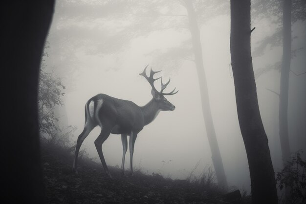 ein Reh in einem nebligen Wald