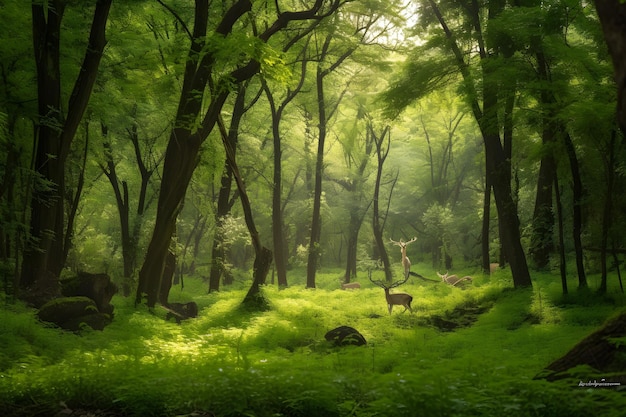 Ein Reh in einem Wald mit der Sonne, die auf die Bäume scheint