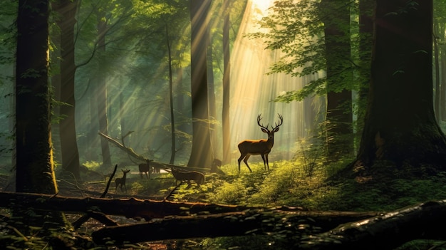 Ein Reh in einem Wald mit Sonnenstrahlen, die durch die Bäume fallen