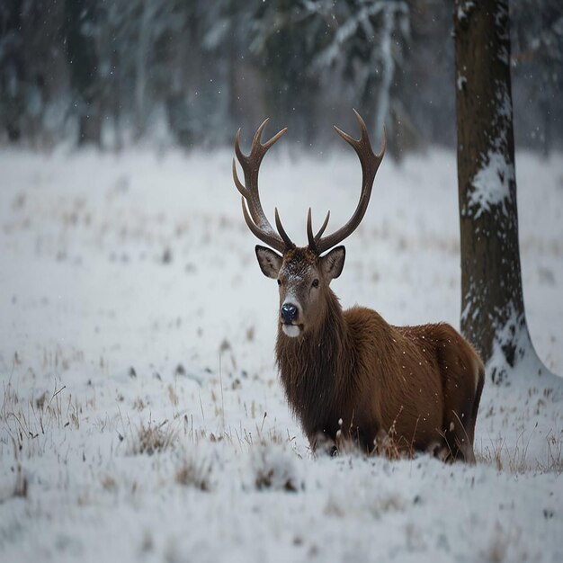 Foto ein reh steht im schnee in einem wald