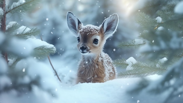 Ein Rehbaby im Schnee mit Schnee auf den Ästen