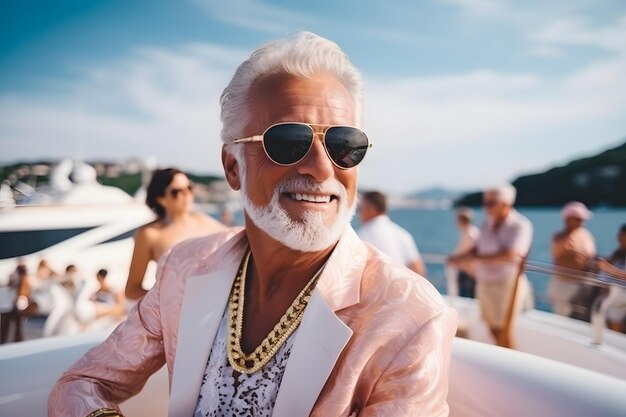 Ein reicher, erwachsener Mann genießt es auf einem Boot