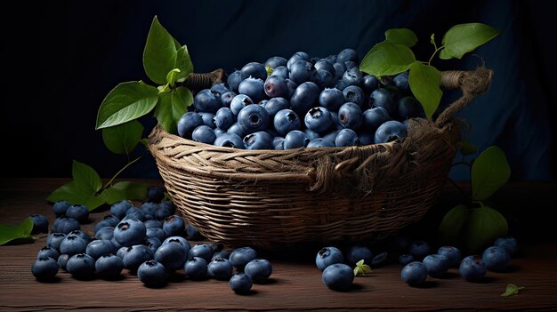 Ein reichhaltiger Korb, gefüllt mit der Süße von saftigen, flauschigen Blaubeeren, ein entzückender Sommergeniß, frisch, organisch, mit Antioxidantien verpackt, handgesucht, köstlich, saftig, gesund, erzeugt von KI.