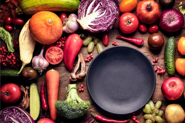 Ein reichhaltiger Tisch mit einer Auswahl an Obst und Gemüse aus frischer Ernte, ein leerer schwarzer Teller auf einem flachen Holztisch