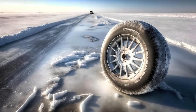 Ein Reifen auf einer verschneiten Straße