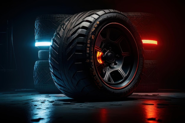 Ein Reifen mit einem roten und blauen Licht dahinter
