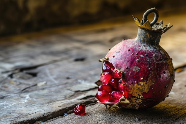 Foto ein reifer granatapfel mit einer kronenähnlichen spitze, die aufgebrochen wird, um seine saftigen roten samen zu enthüllen