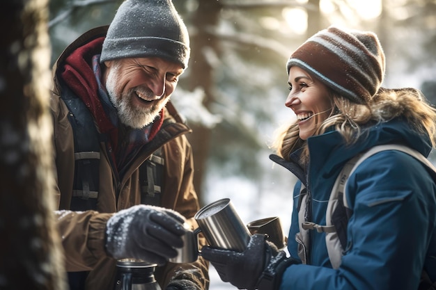 Ein reifer Mann und eine reife Frau lachen und trinken Tee aus einer Thermoskanne beim Wandern im Winterwald. Reisen und Wandern für Rentner