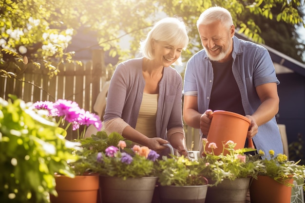 Ein reifes Paar gärtnet gemeinsam im Hinterhof ihres Hauses Generative KI