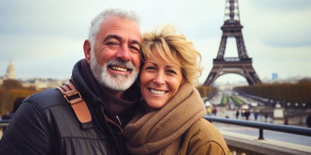 Ein reifes Paar zeigt Liebe in der Nähe des Eiffelturms Paris, der Stadt der Liebe Generative KI