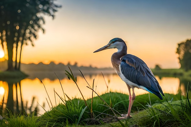 Ein Reiher steht am Ufer eines Flusses vor einem Sonnenuntergang.