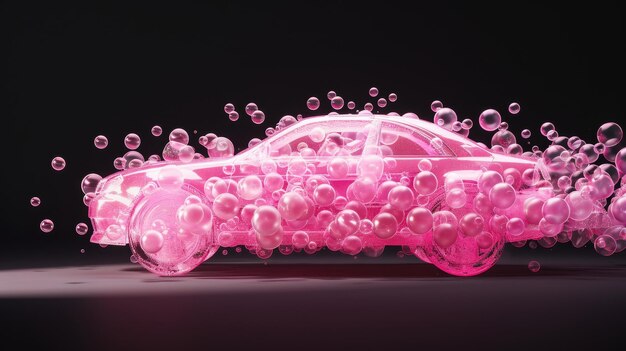 Foto ein reines rosa auto aus blasen auf einem schwarzen hintergrund 3d-illustration