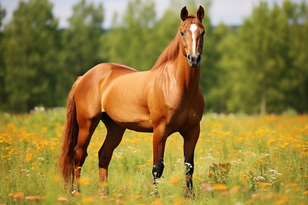 Ein reinrassiges Pferd weidet auf einer schönen ländlichen Wiese