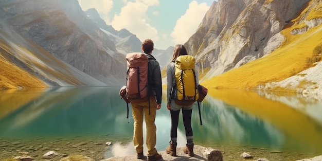 Ein Reiseduo blickt auf den Alpensee. Konzept eines aktiven Lebensstils mit Reisen, Reisen und Abenteuer in der österreichischen Bergwelt. Generative KI