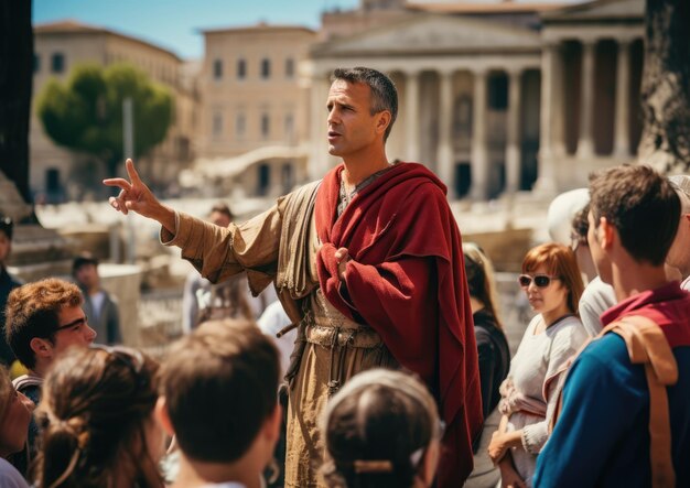 Foto ein reiseführer, der touristen die geschichte des antiken roms erklärt