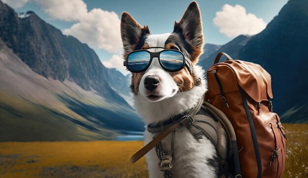 Ein Reisehund mit Sonnenbrille und Rucksack im Berg genießt die Natur