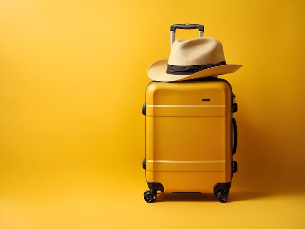 Ein Reisekoffer und ein Hut, die auf einem gelben Hintergrund für ein Urlaubskonzept isoliert sind