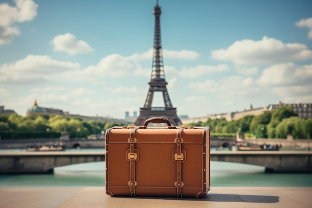 Ein Reisekoffer vor der Kulisse des Eiffelturms Generative Ai
