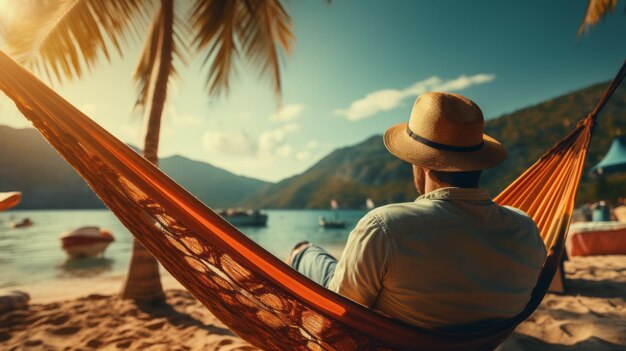 Foto ein reisender entspannt sich in einer hängematte an einem sommerstrand