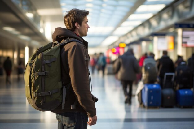 Ein Reisender geht mit einem Rucksack durch das Flughafenterminal.