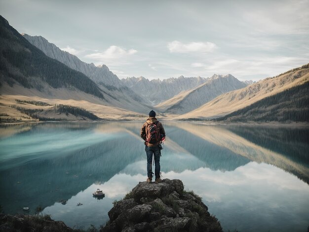 Ein Reisender schaut auf Seen und Berge