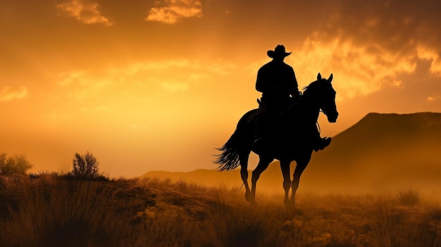 Ein Reitpferd zeichnet sich als Silhouette gegen den Sonnenuntergang ab und ein Cowboy auf einem Pferd erhebt sich generative KI