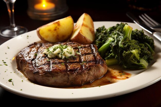 Foto ein reizendes gegrilltes petite chuck-schulter-steak und gebackenes kartoffeln-glück