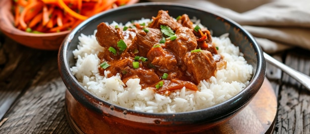 Ein reizendes Rindfleisch-Curry, das über dampfendem Reis serviert wird, das mit frischen Kräutern in einer rustikalen Schüssel garniert ist