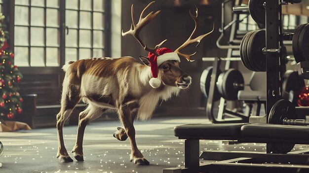 ein Rentier mit einem Weihnachtsmannshut auf dem Kopf läuft durch ein Fitnessstudio
