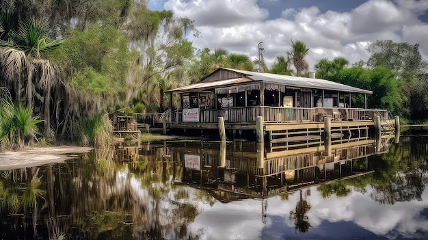 Ein Restaurant am Wasser mit einem Schild mit der Aufschrift „Der Fluss“