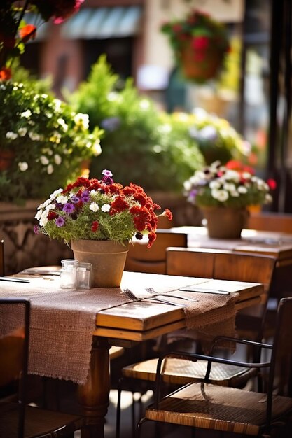 Ein Restaurant mit Blumen auf dem Tisch