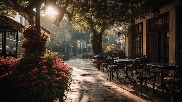 Ein Restaurant mit einem Baum im Hintergrund